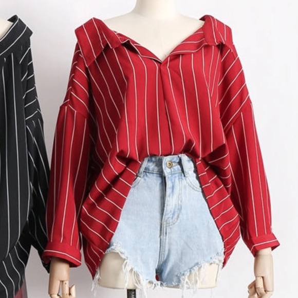 Hong Tai Lang Red & White Stripe Long Sleeves Dip-Back Shirt Women's Size S - Picture 2 of 14